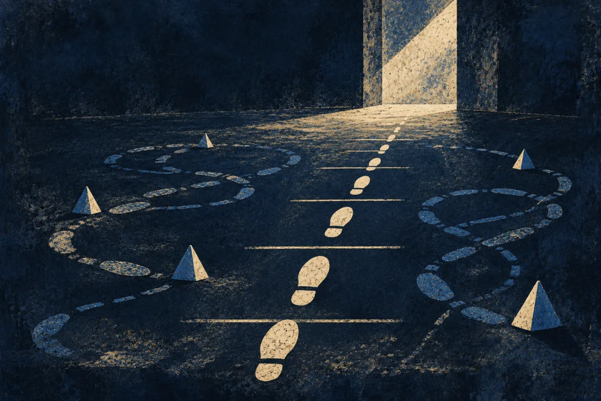 A measured progression of cobalt and ivory curved slabs creates rhythm across a dark plinth.