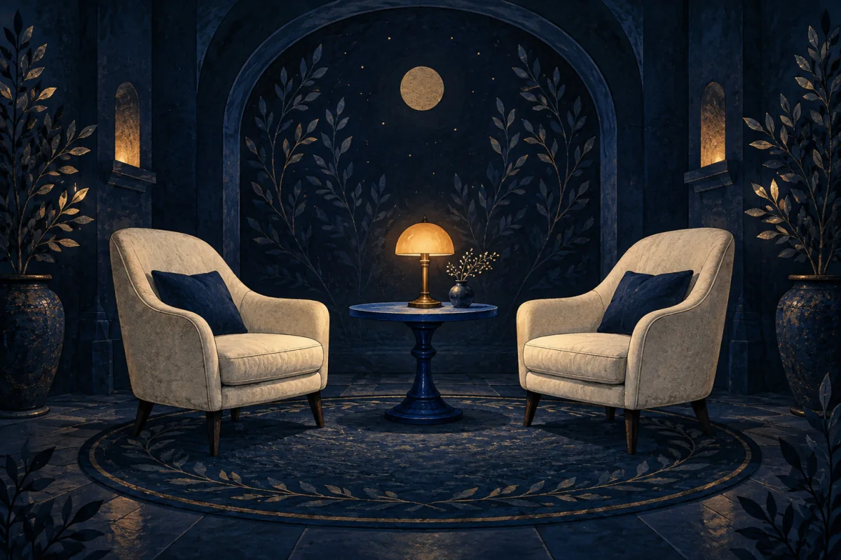 Two empty ivory listening forms face one another across a cobalt table and modest amber lamp.