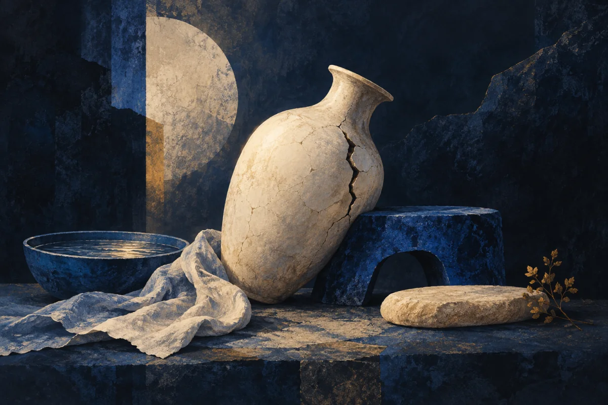 A slightly cracked ivory vessel leans toward a low cobalt support before the fracture widens. Water, cloth-like forms, and a stable rest are placed quietly within reach; no person, body part, clinic, medicine label, or medical symbol.