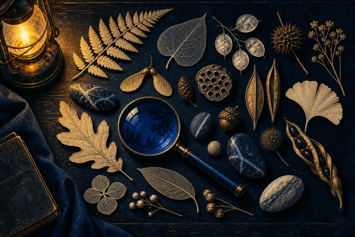 Unlabeled leaves, seed pods, stones, and a cobalt viewing lens rest in an orderly dark observation field.