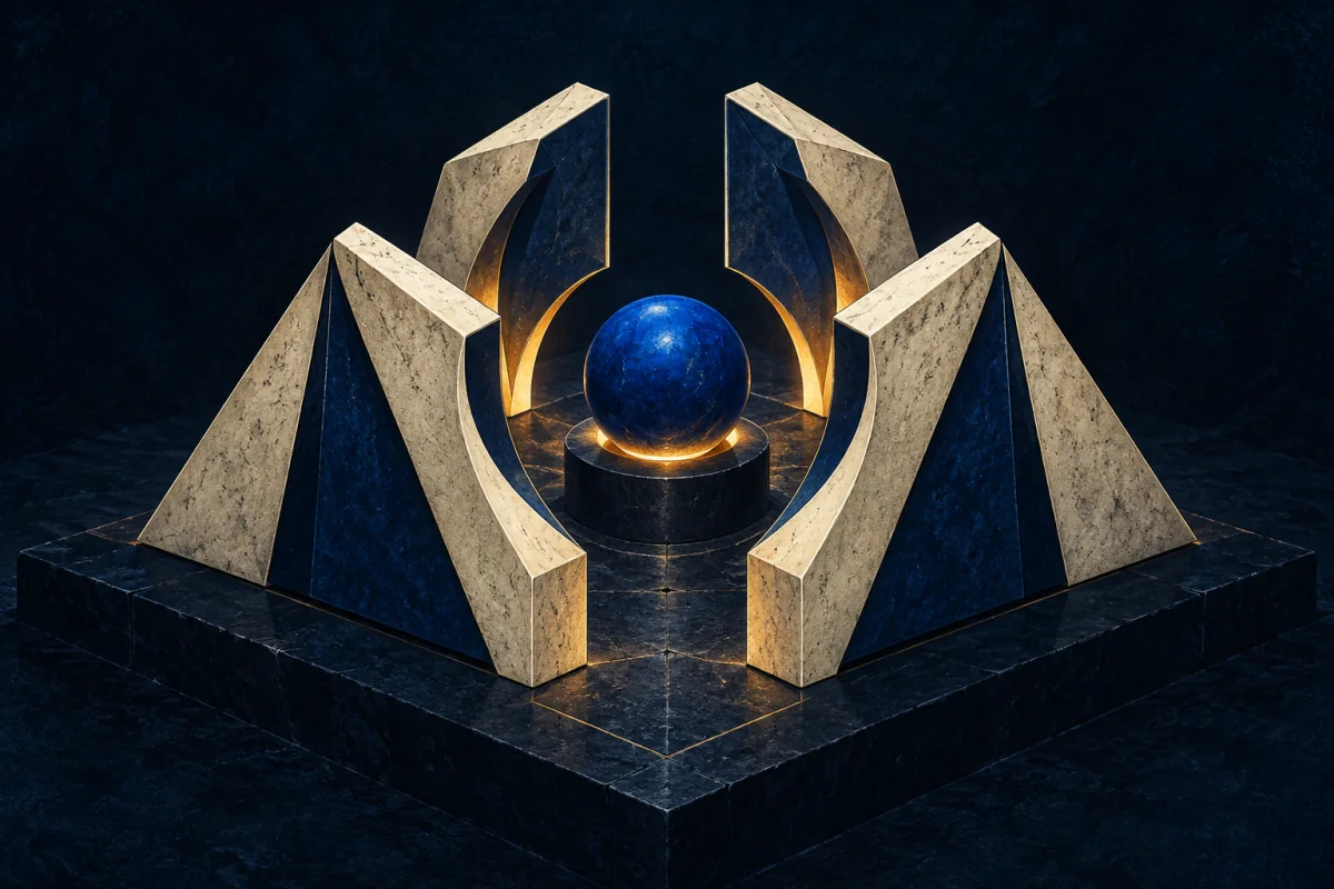 Four sharp ivory and cobalt frames protect a small luminous cobalt core on a dark plinth.