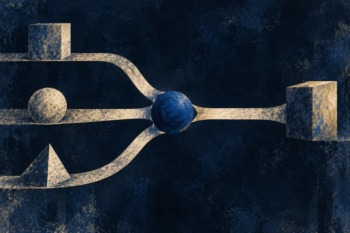 Midnight Symbols artwork for Deal Navigator, painted in deep navy, cobalt, warm ivory, and restrained amber.