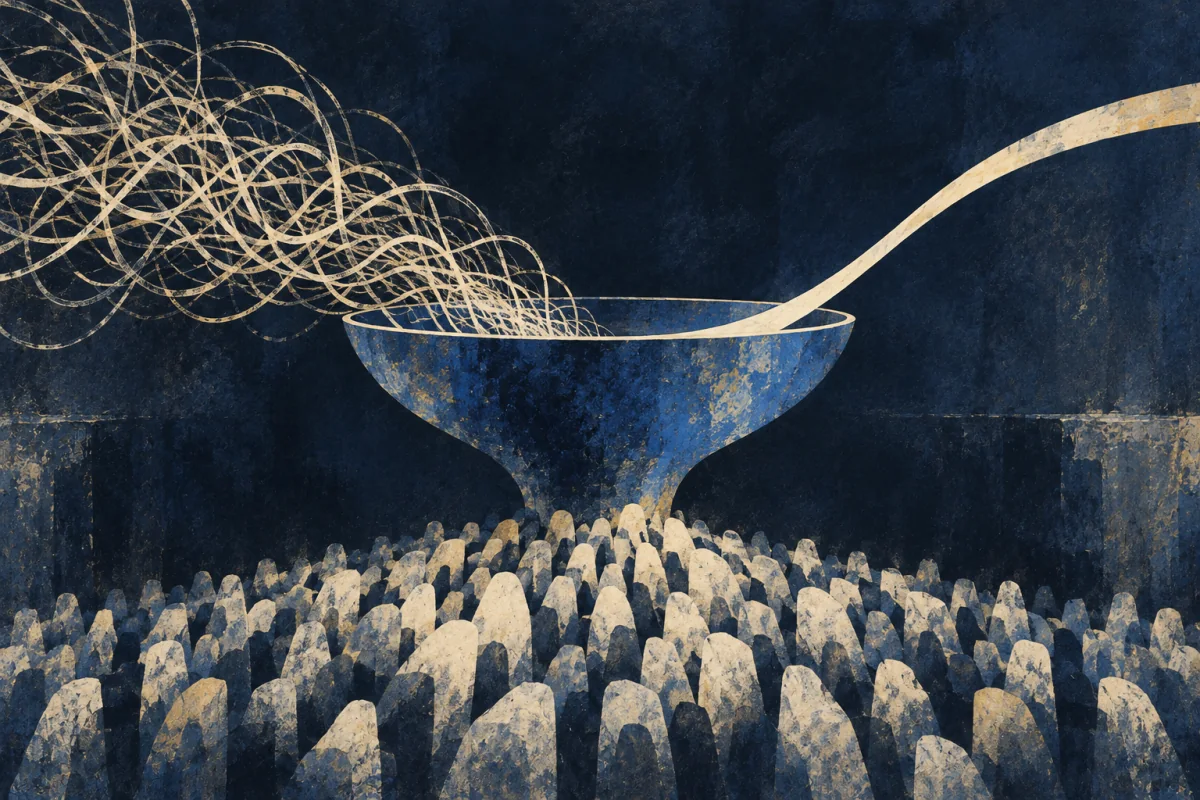 Midnight Symbols artwork for Voice of the Crowd, painted in deep navy, cobalt, warm ivory, and restrained amber.