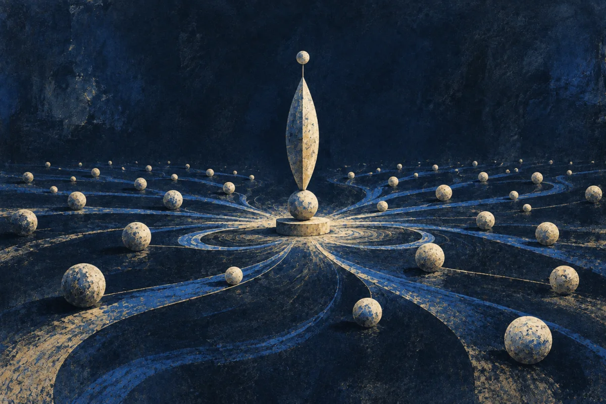 Midnight Symbols artwork for Crowd-Reader, painted in deep navy, cobalt, warm ivory, and restrained amber.