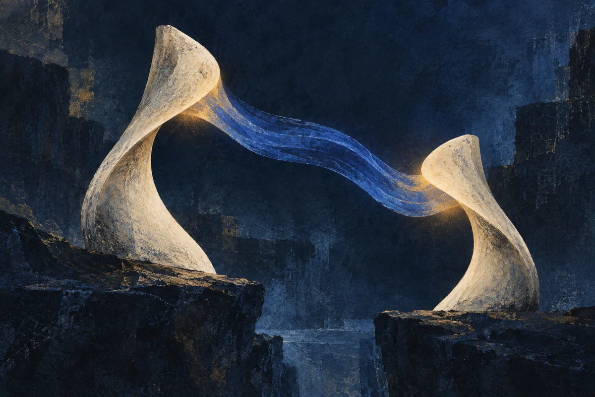 One flexible ivory structure makes a subtle turn; across a narrow gap, a second structure receives the movement through a cobalt pressure ribbon and settles into the same embodied angle without words; no person, body part, hands, speech, text, or arrows.