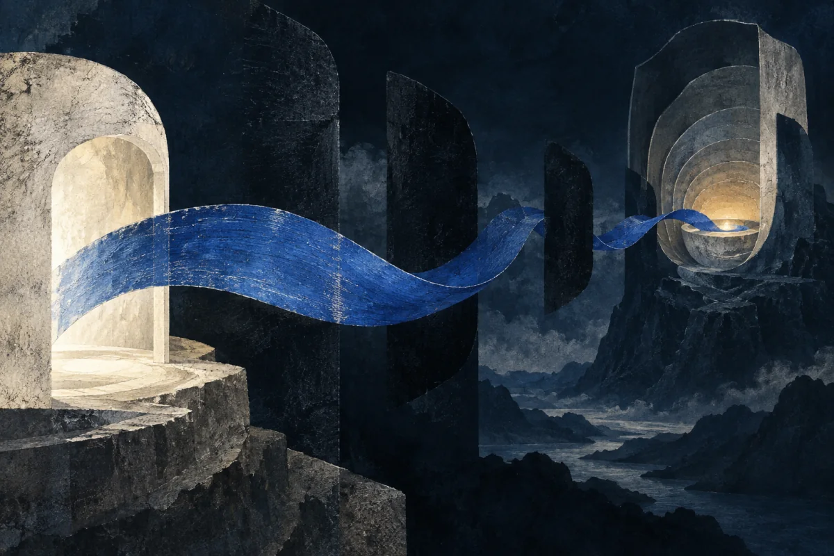A sustained cobalt ribbon leaves a grounded ivory chamber, crosses several dark intervals, and settles deep inside a distant layered vessel where a small amber warmth remains; no person, mouth, preacher, pulpit, religious symbol, letters, speech bubble, or sound notation.