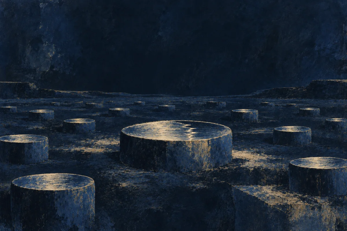 Midnight Symbols artwork for Ear-To-The-Ground, painted in deep navy, cobalt, warm ivory, and restrained amber.