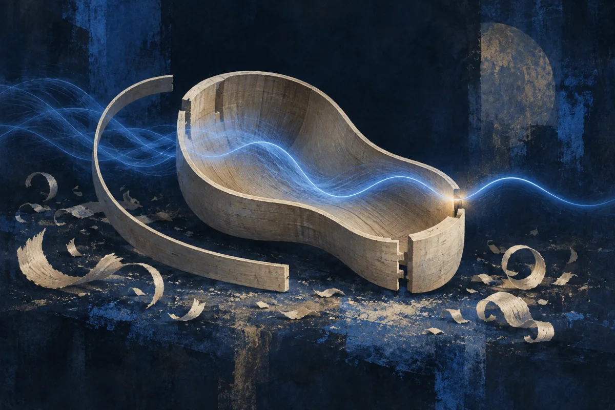 An unfinished ivory wooden resonator rests open beside thin curved ribs and shavings. Cobalt vibration passes through the grain and resolves into one clean wave as the final joint settles; no person, hands, familiar instrument, music notation, labels, or workshop text.