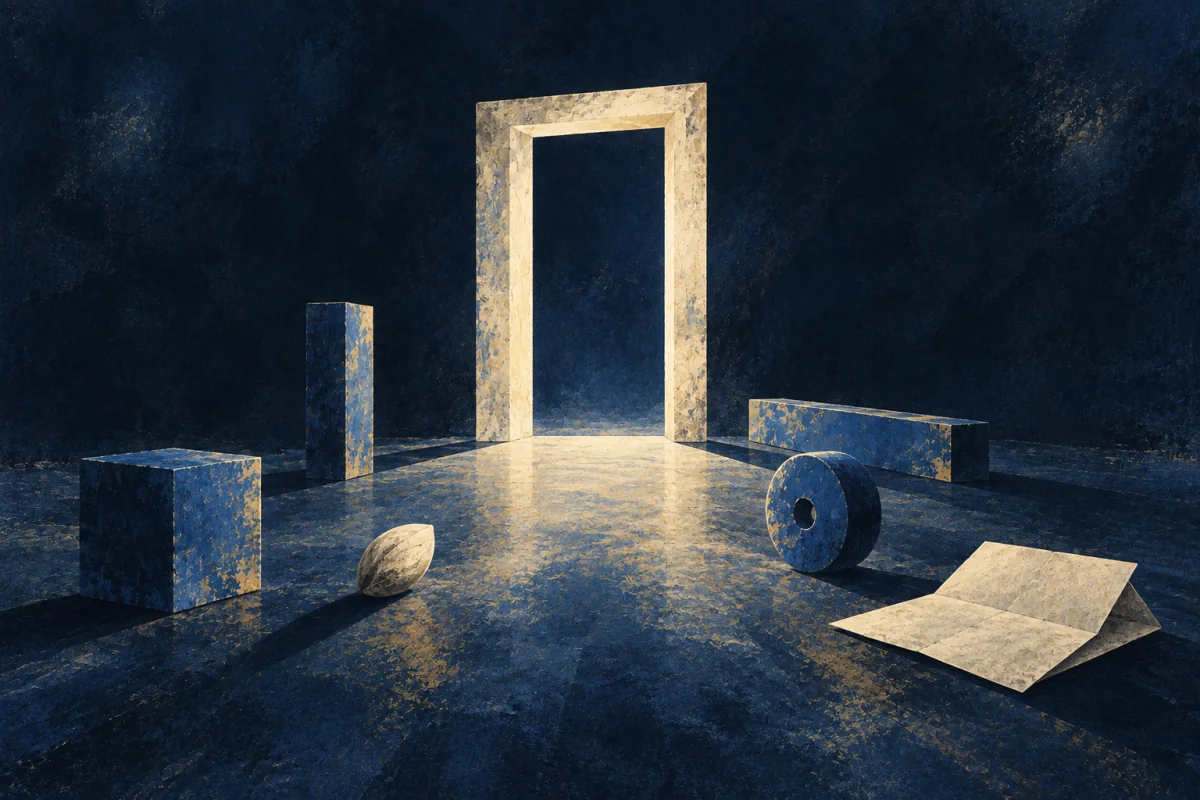 Midnight Symbols artwork for From-Nothing Starter, painted in deep navy, cobalt, warm ivory, and restrained amber.