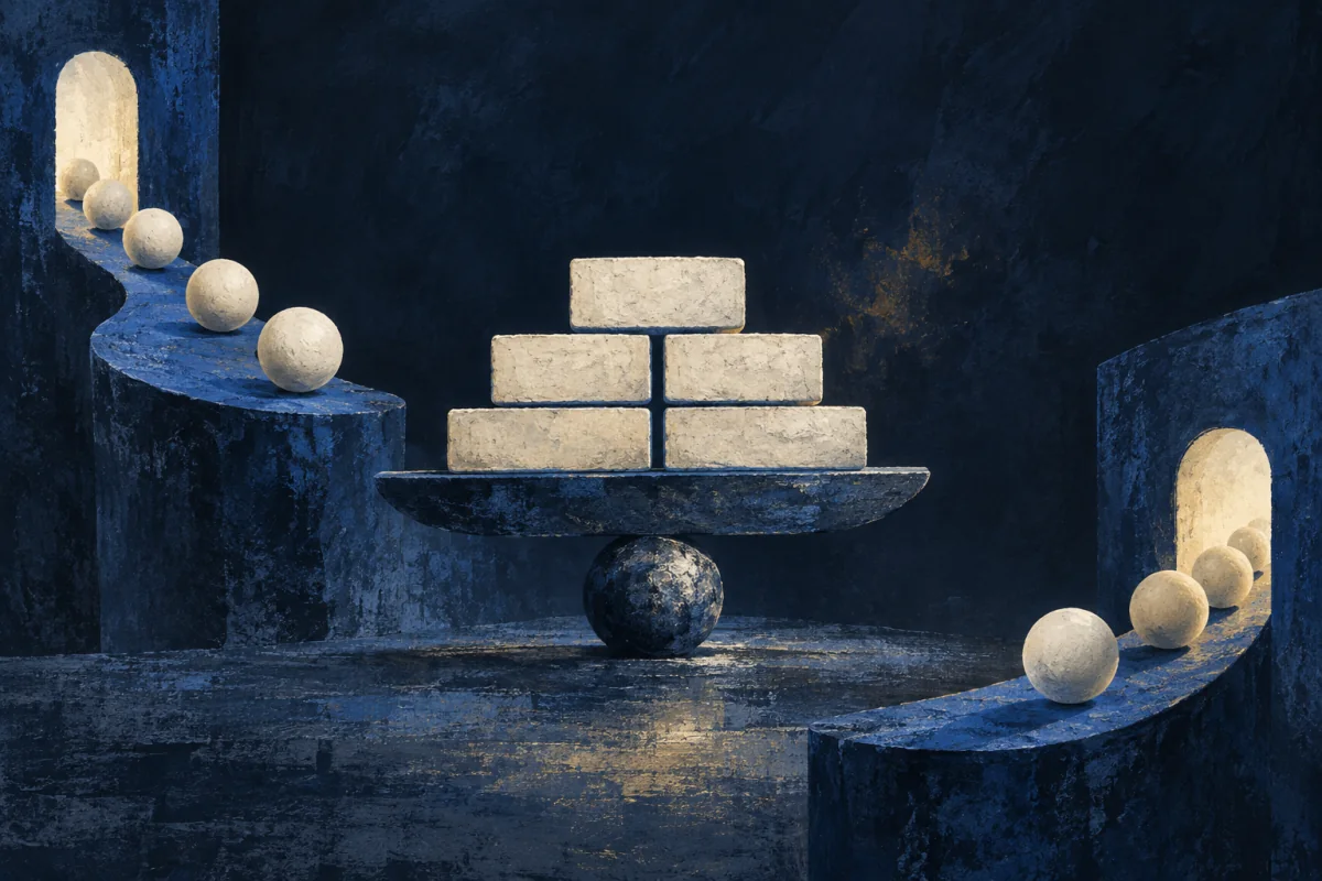 Unmarked ivory objects arrive along one cobalt edge and leave along another, while a central set of blank tally-like blocks settles into exact balance. The rhythm of exchange is clear without symbols; no numbers, letters, coins, money, scales, ledger, abacus, person, or diagram.