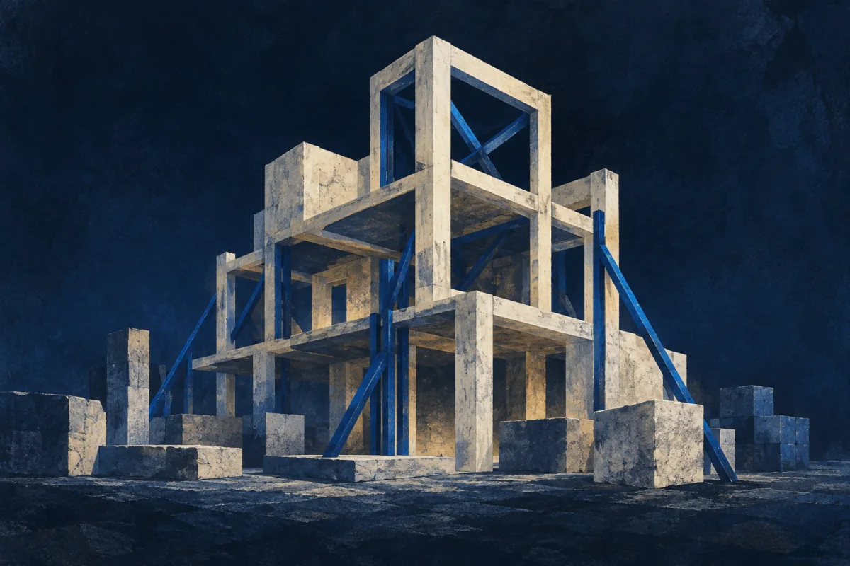 An ivory structural frame rises from raw blocks across a midnight ground. Cobalt braces hold material, sequence, and load together while one corner is adjusted as the structure becomes real; no person, crew, blueprint, text, measuring marks, crane, or technical diagram.