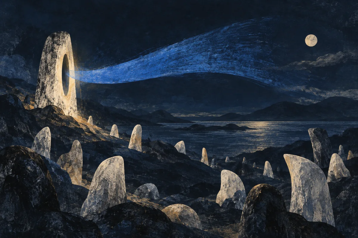 A single ivory resonant opening sends one strong cobalt call across a wide midnight distance. Scattered pale forms turn and gather toward the shared moment without losing their distinct shapes; no person, mouth, horn, bell, animals, letters, speech bubble, or notation.