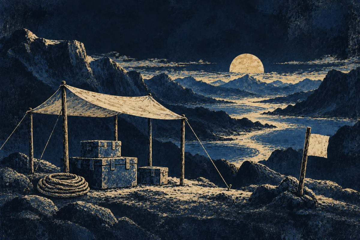 Midnight Symbols artwork for Outdoor Venture Starter, painted in deep navy, cobalt, warm ivory, and restrained amber.