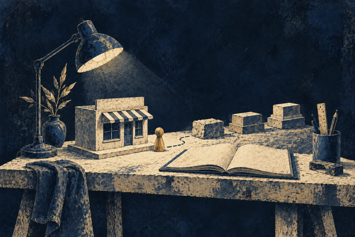 Midnight Symbols artwork for Founder-Teacher, painted in deep navy, cobalt, warm ivory, and restrained amber.