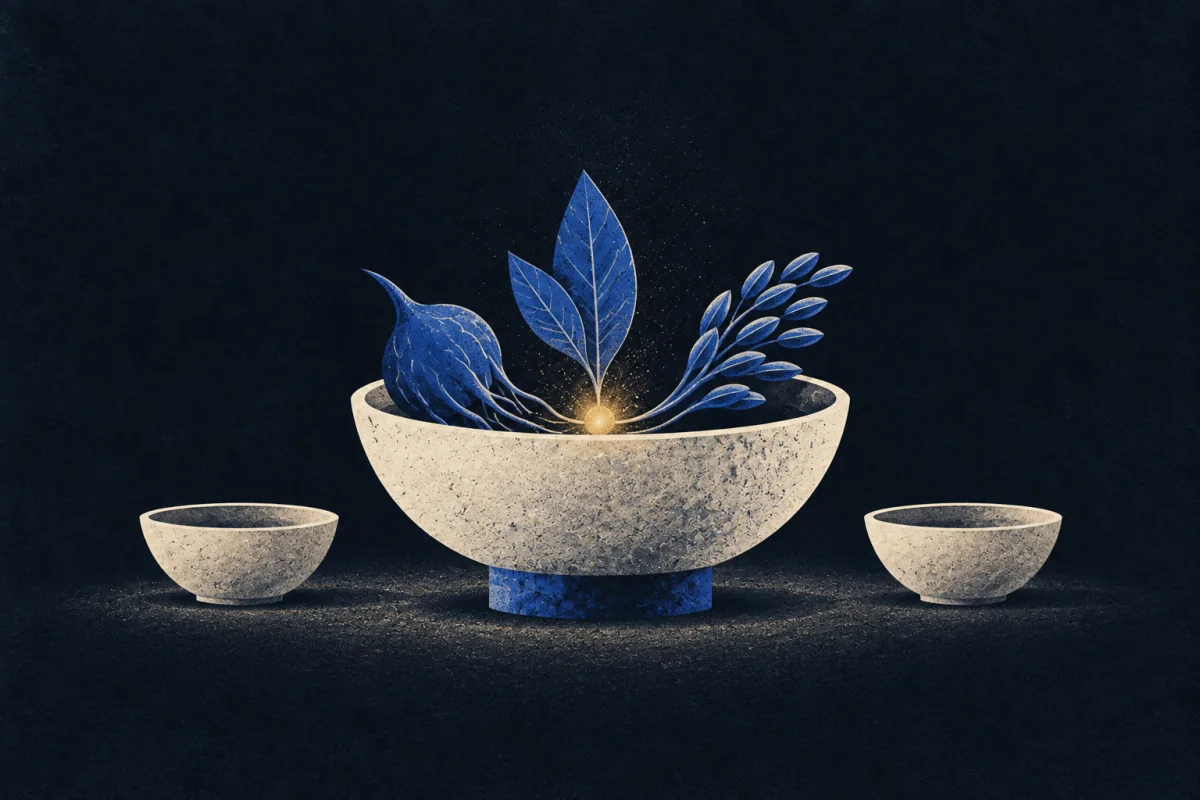 An ivory bowl holds cobalt leaf, root, and grain forms around a small gold centre.
