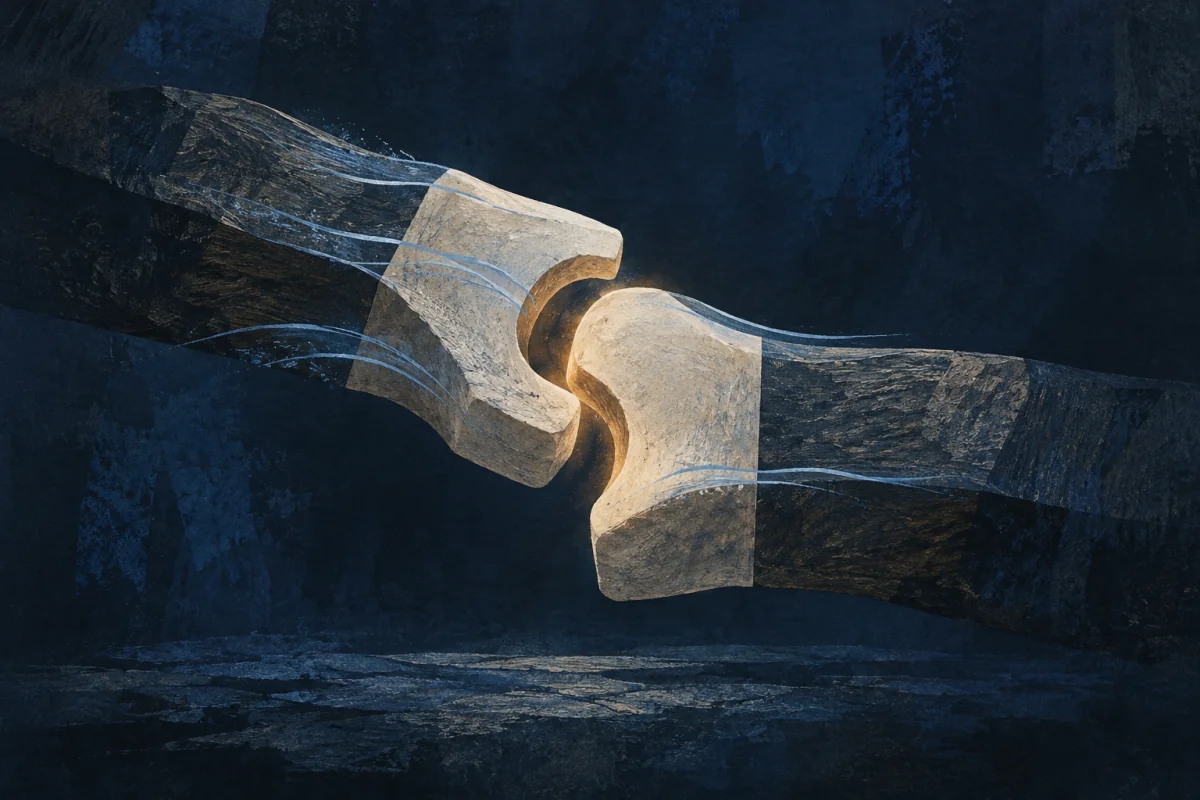 A three-dimensional ivory joint of wood and stone sits visibly misaligned. Cobalt tension lines relax as the pieces return to one clean bearing line, with a warm seam where fit is restored; no bones, body, hands, clinic, medical symbol, tools, or anatomy diagram.