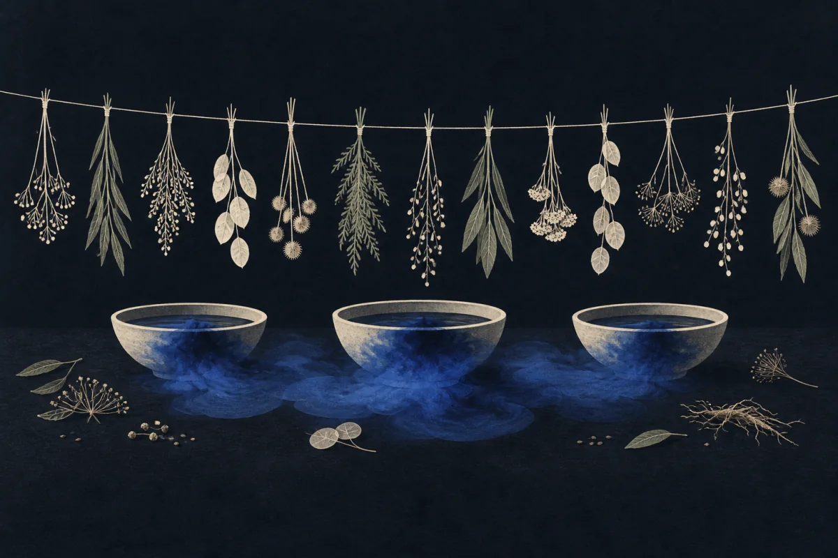 Bundles of dried stems and leaves hang from a fine line across a deep dark field. Below them three shallow vessels each release a slow bloom that spreads and overlaps in the dark.