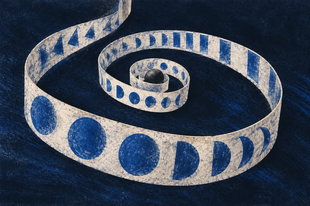 A pale ribbon printed with changing blue shapes spirals around a small dark seed.