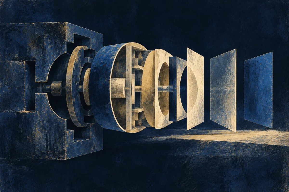 Midnight Symbols artwork for Diagram-Teacher, painted in deep navy, cobalt, warm ivory, and restrained amber.