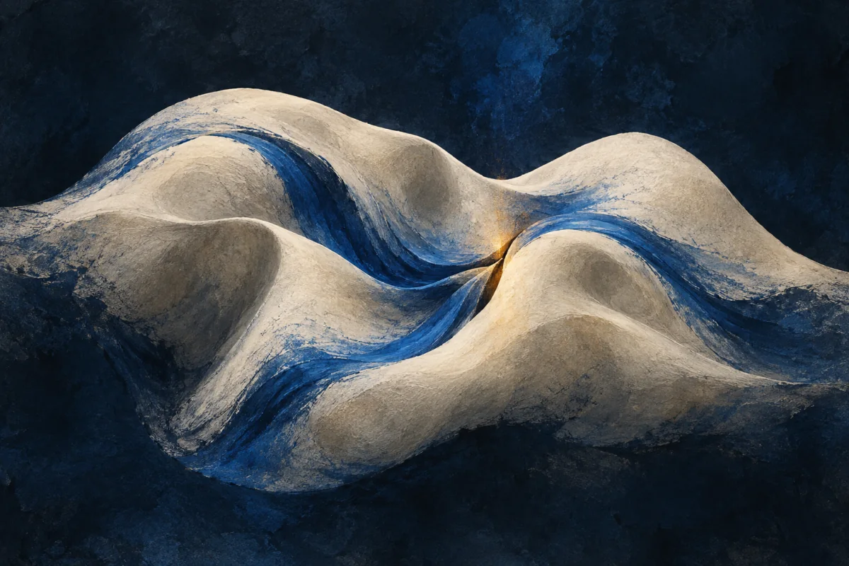 A soft ivory terrain-like form holds folds, cradles, and one small displaced seam. Cobalt pressure ribbons follow its contours and gather at the exact point where the architecture wants to resettle; no body, anatomy, needles, hands, labels, grid, or medical diagram.