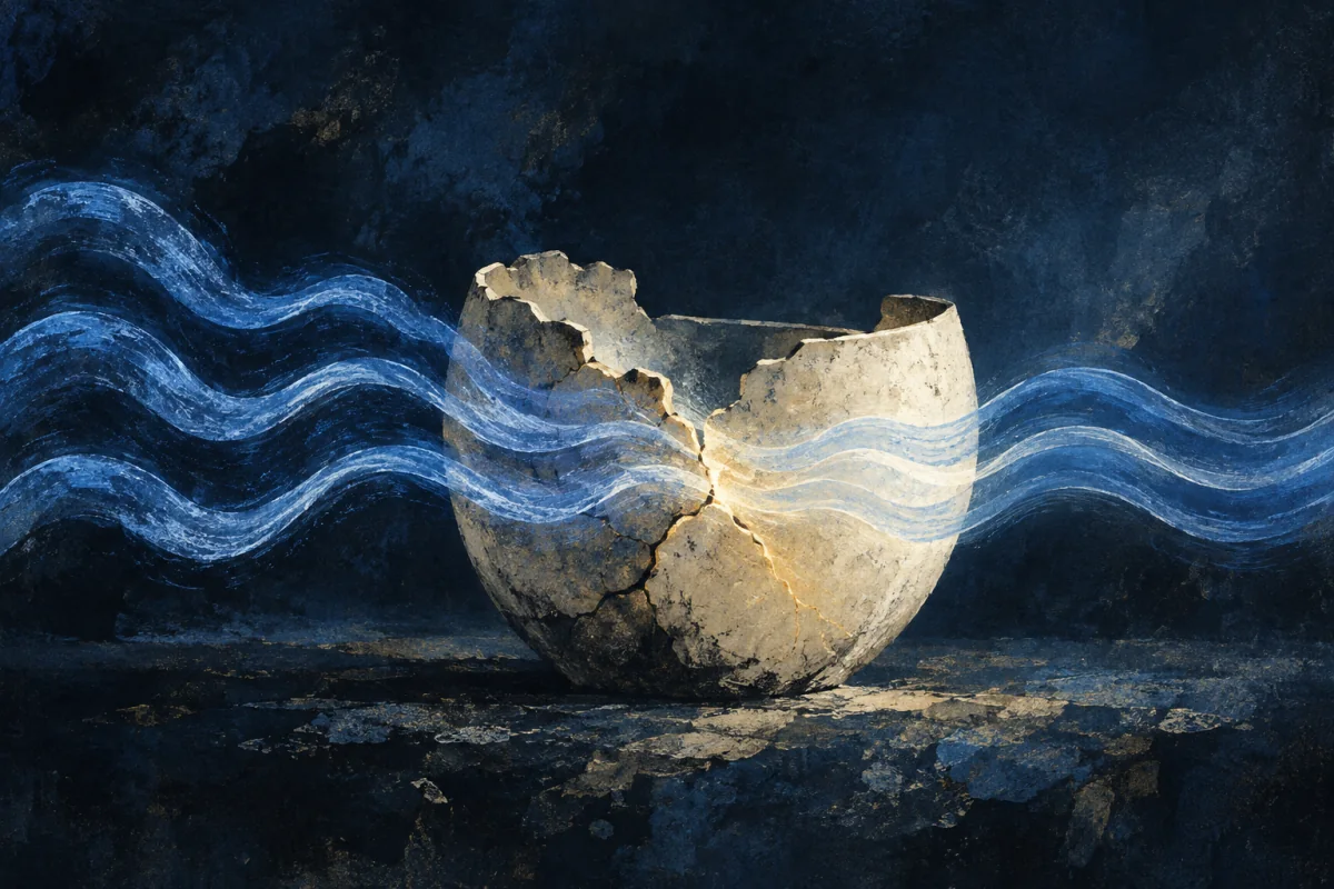 A steady sequence of cobalt breath-waves passes through a cracked ivory vessel. The fracture softens and the surrounding dark field becomes calmer with each repeated cadence; no person, mouth, patient, religious symbol, mantra text, music notation, instrument, or ritual circle.