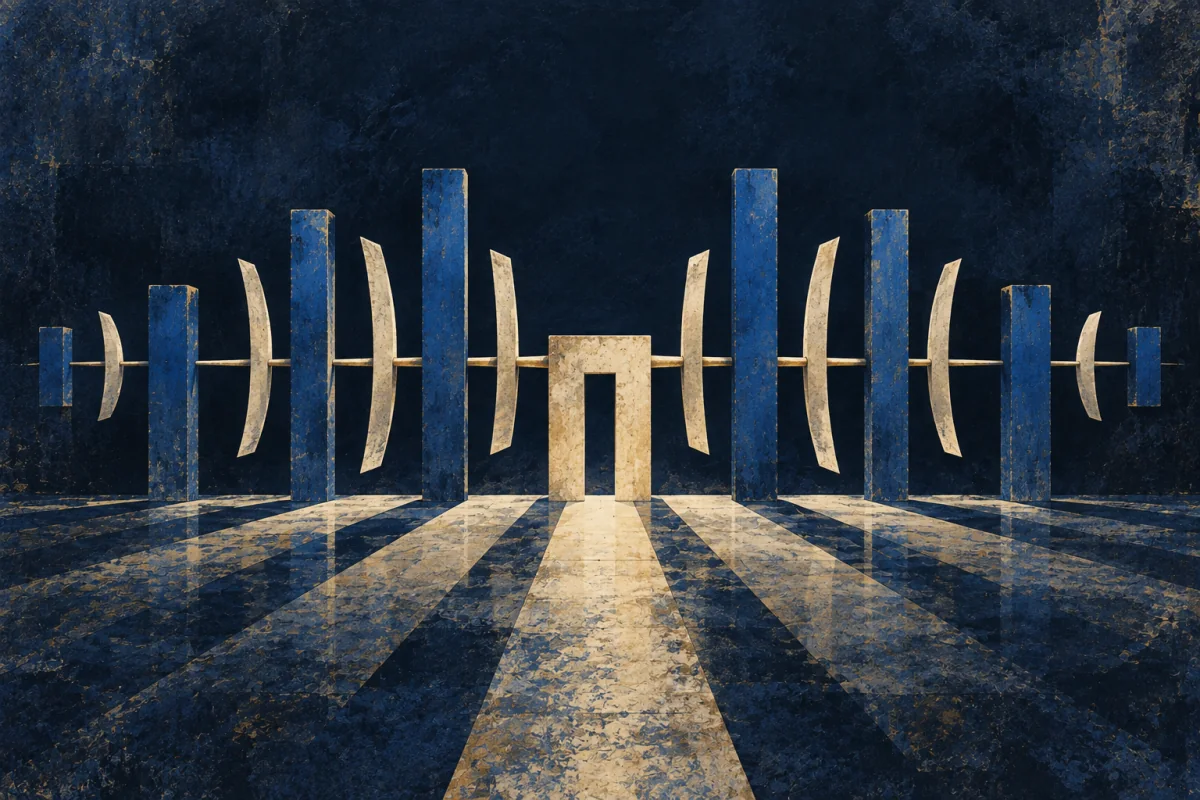 Midnight Symbols artwork for Ear-Reckoner, painted in deep navy, cobalt, warm ivory, and restrained amber.