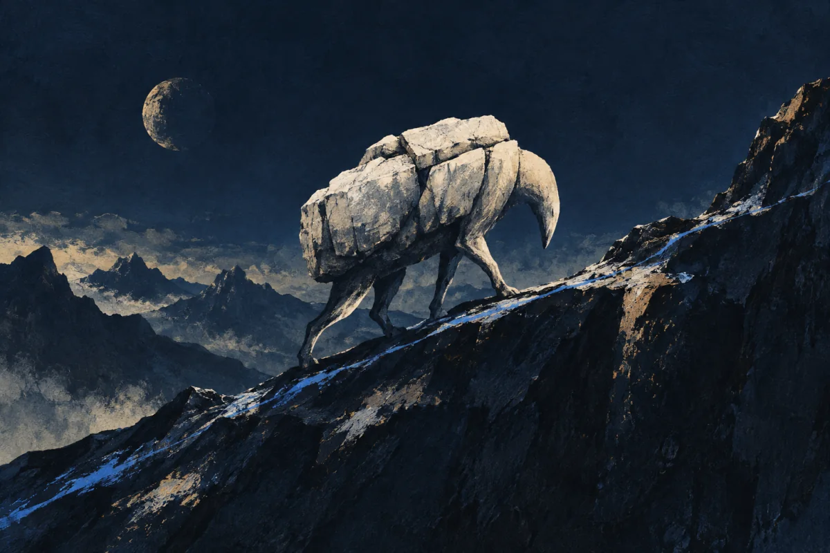 A solitary ivory load-form travels along a steep midnight ridge where the terrain itself reshapes its balance. The route is spare and uncompanioned, marked only by a restrained cobalt trace; no person, body, mountain climber, footprints, map, or heroic spectacle.