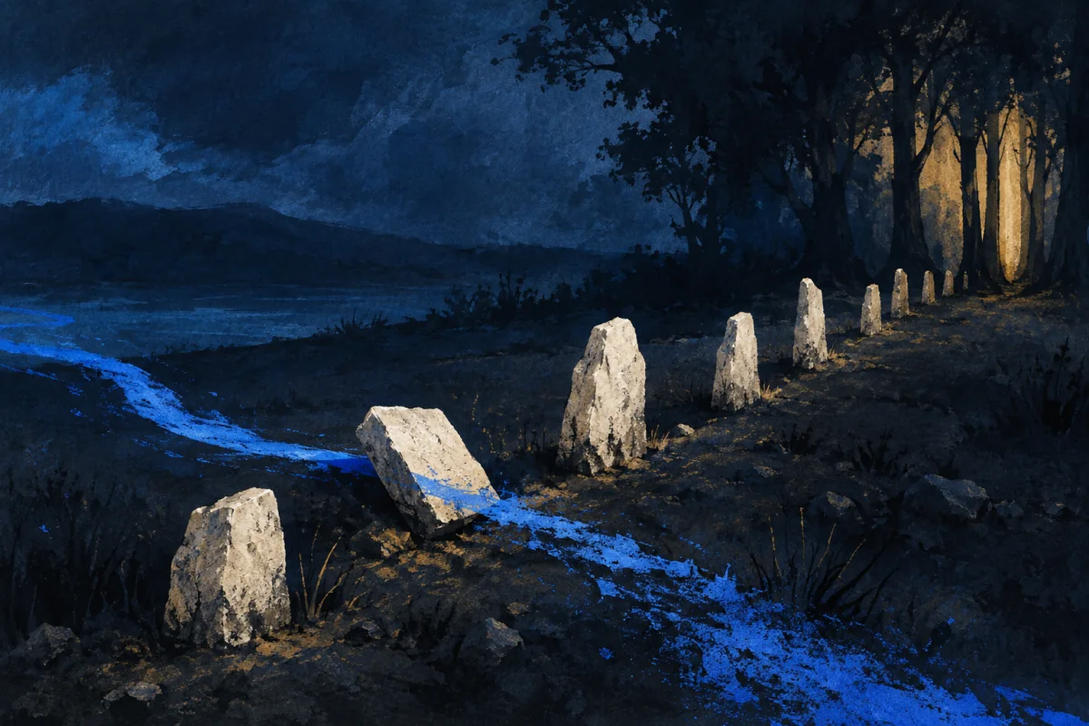 A spare line of irregular ivory boundary stones crosses dark ground toward a tree-like edge. One stone has shifted and one cobalt trace enters from beyond, making the change immediately legible; no person, fence sign, weapon, map, footprints, or surveillance equipment.