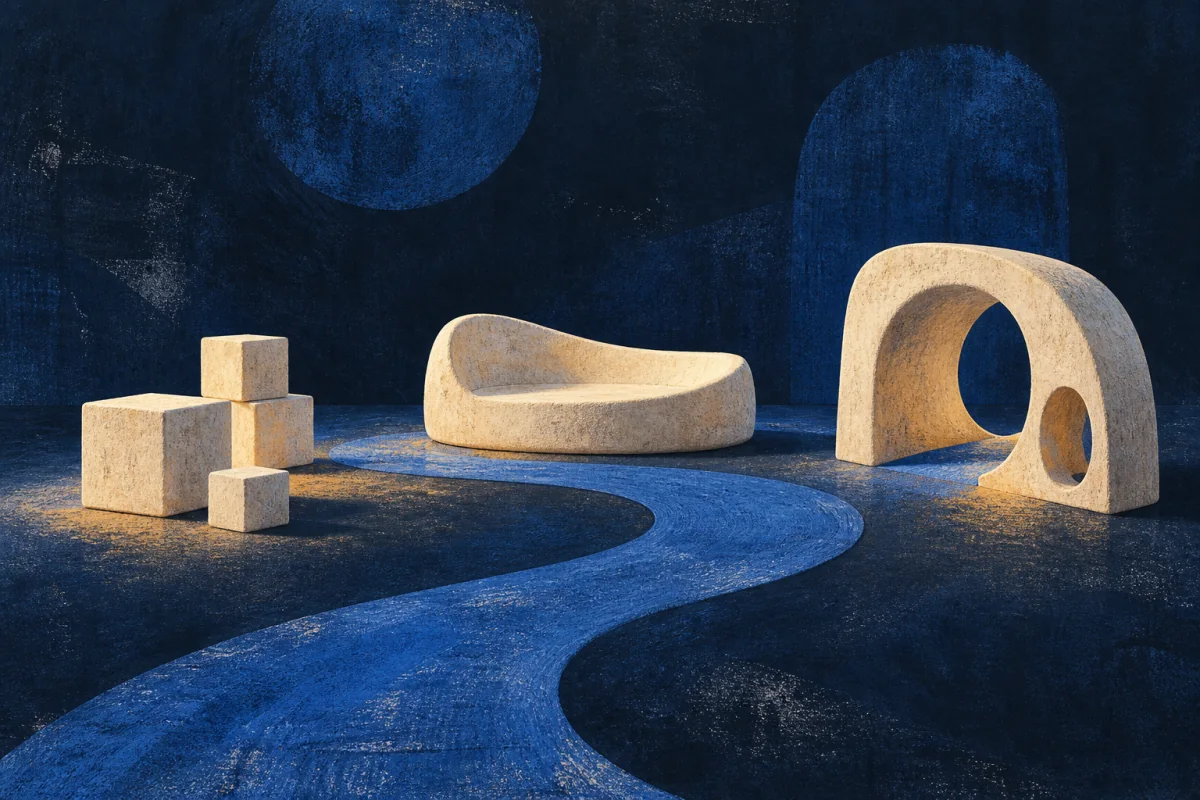 Small ivory blocks, a low curved seat, and an open play-form are arranged at child scale. A gentle cobalt path meets each object at its own pace and gathers them into one calm learning space; no child, person, classroom, alphabet, numbers, toys with faces, or text.