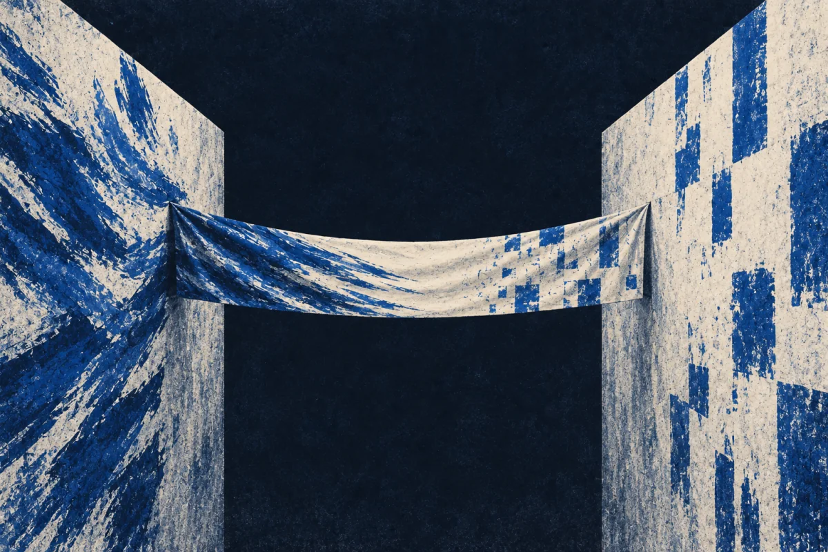 Two pale walls carry different blue patterns. A length of patterned cloth stretches between them across a dark gap.
