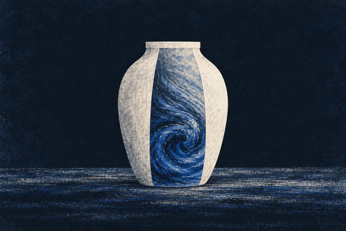 A pale lidded vessel stands on dark ground. A section of its side reveals a blue swirl inside.