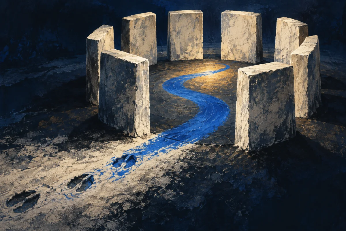 At the edge of a quiet ring of tall ivory decision blocks, a small worn hoof-like impression becomes a clear cobalt ribbon that enters the circle and carries weight there; no animal, person, council table, speech bubble, or text.