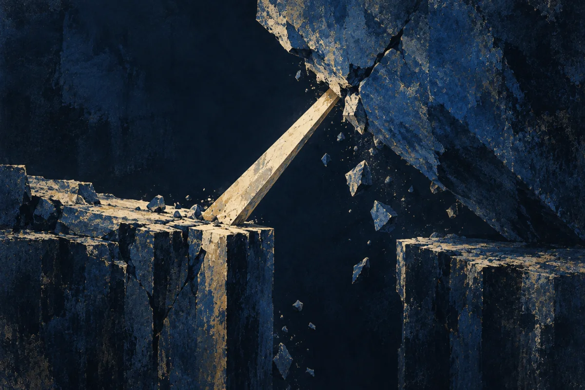 Midnight Symbols artwork for Disaster-Hand, painted in deep navy, cobalt, warm ivory, and restrained amber.