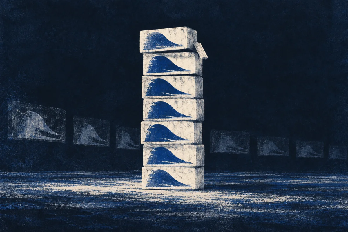 A stack of pale blocks bears the same blue mark. Fainter impressions repeat behind it, and a small wedge rests beside the top block.