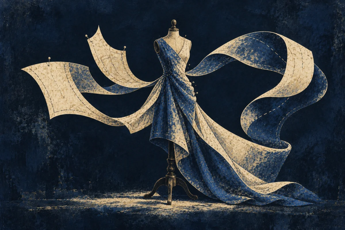 Midnight Symbols artwork for Garment-Crafter, painted in deep navy, cobalt, warm ivory, and restrained amber.