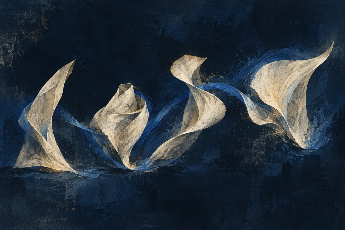 A single folded ivory form changes gesture across the frame—leaning, gathering, turning, releasing—while one cobalt current carries the sequence as a sustained narrative; no person, body part, dancer, theatre, storyboard, text, or cultural costume.