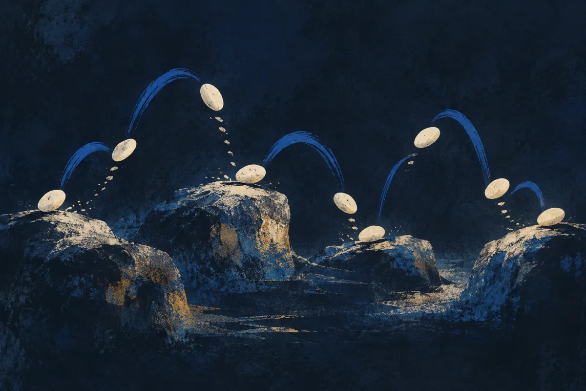Many small ivory stepping forms move through claps, jumps, and pauses suggested by alternating cobalt arcs and staggered marks. One simple gesture gathers the whole playful sequence without forming a circle; no children, people, hands, playground equipment, notation, letters, or ritual pattern.