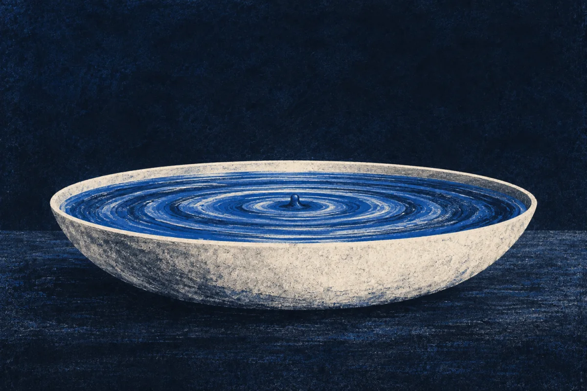 Blue ripples spread from the centre of a broad, shallow ivory bowl.