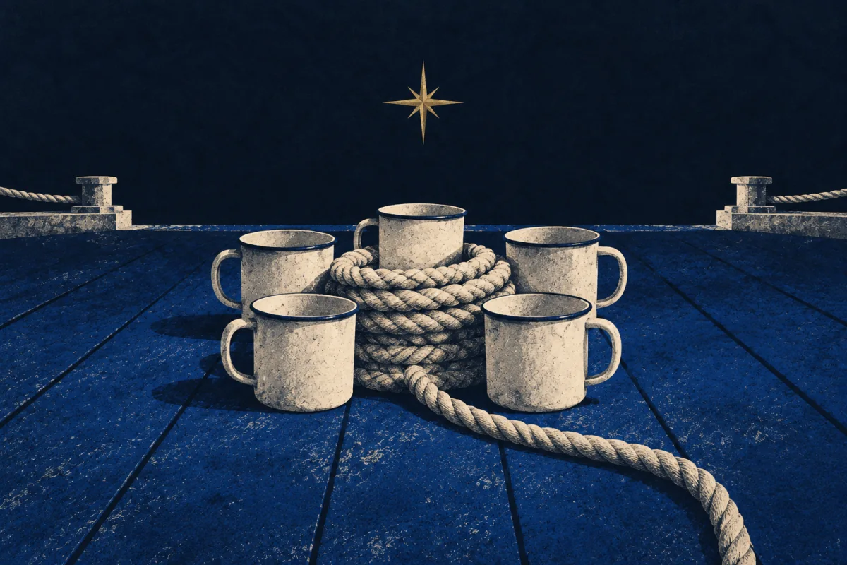 Five ivory mugs surround a coil of rope on a cobalt dock beneath a gold compass star.