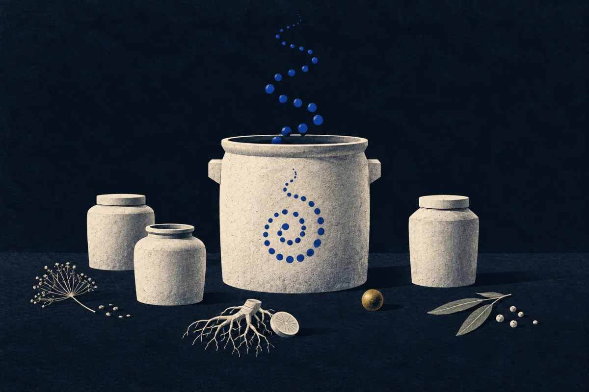 An ivory fermentation crock and three smaller jars sit with roots, leaves, and berries as cobalt bubbles rise.