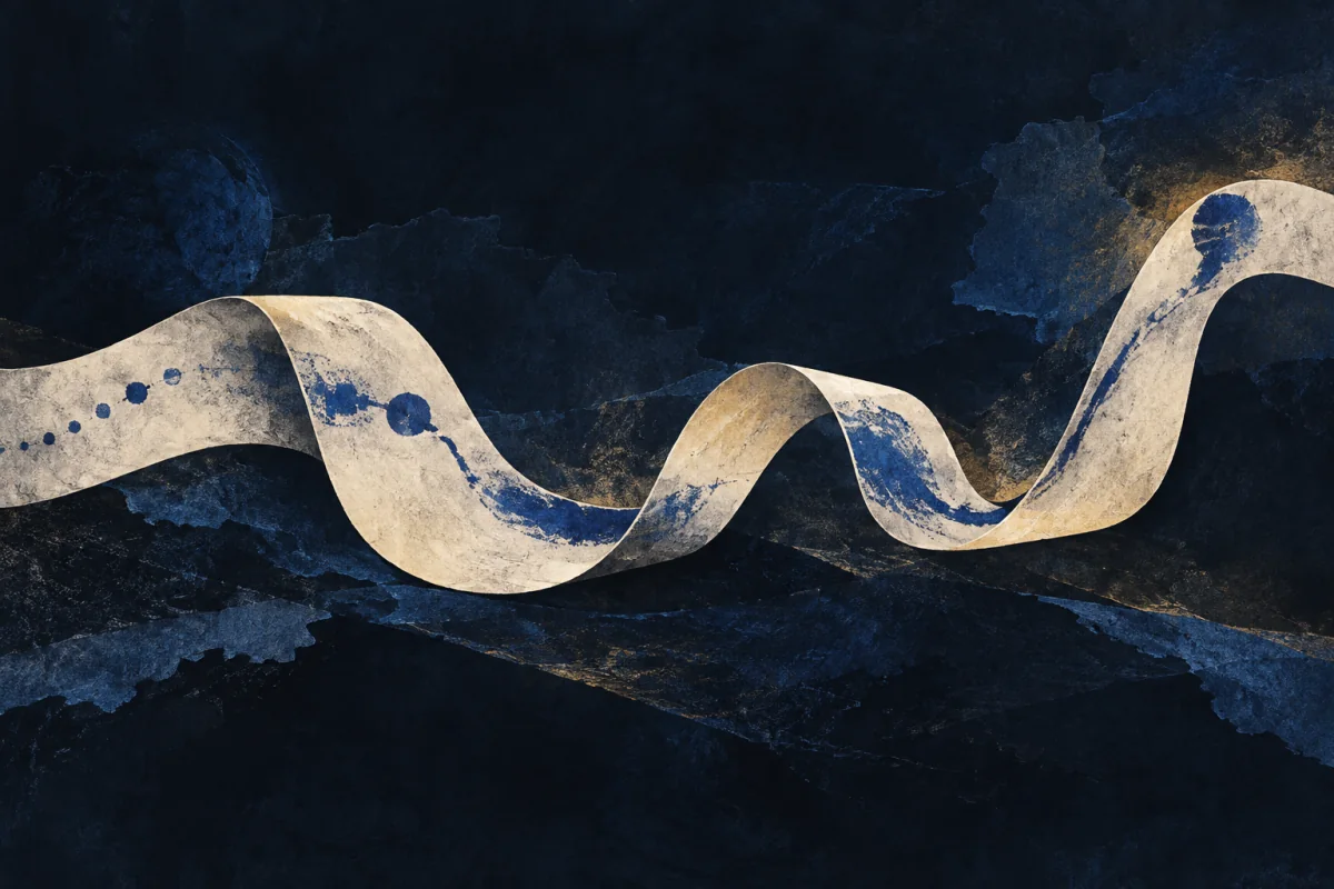 A long ivory ribbon crosses the dark ground through distinct shifts of weight, fold, pause, and rise. Cobalt marks follow its rhythm until the movement itself reads as a complete tale; no dancer, person, body part, stage, notation, letters, or panels.