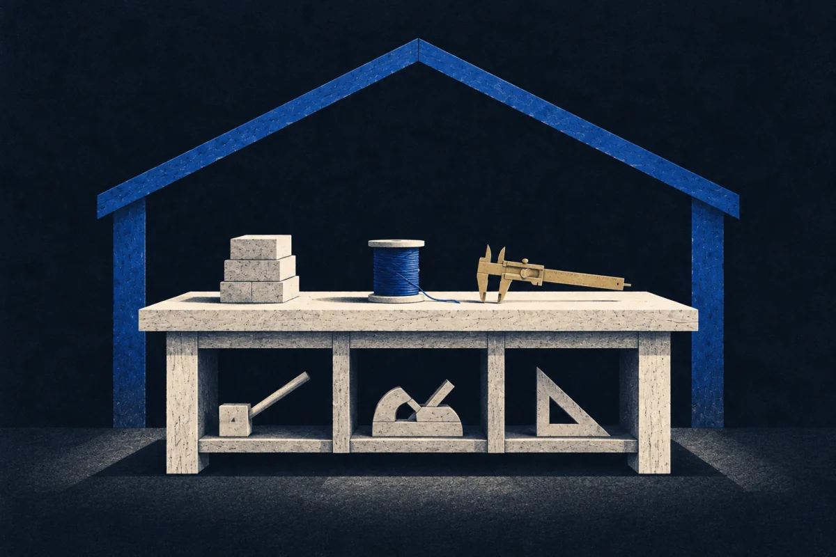 An ivory workbench beneath a cobalt roof holds blocks, thread, calipers, a plane, a square, and a mallet.