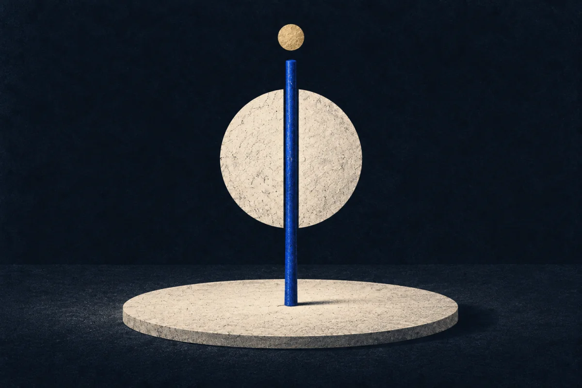 A cobalt staff stands before a split ivory circle, aligned beneath a small gold disc.