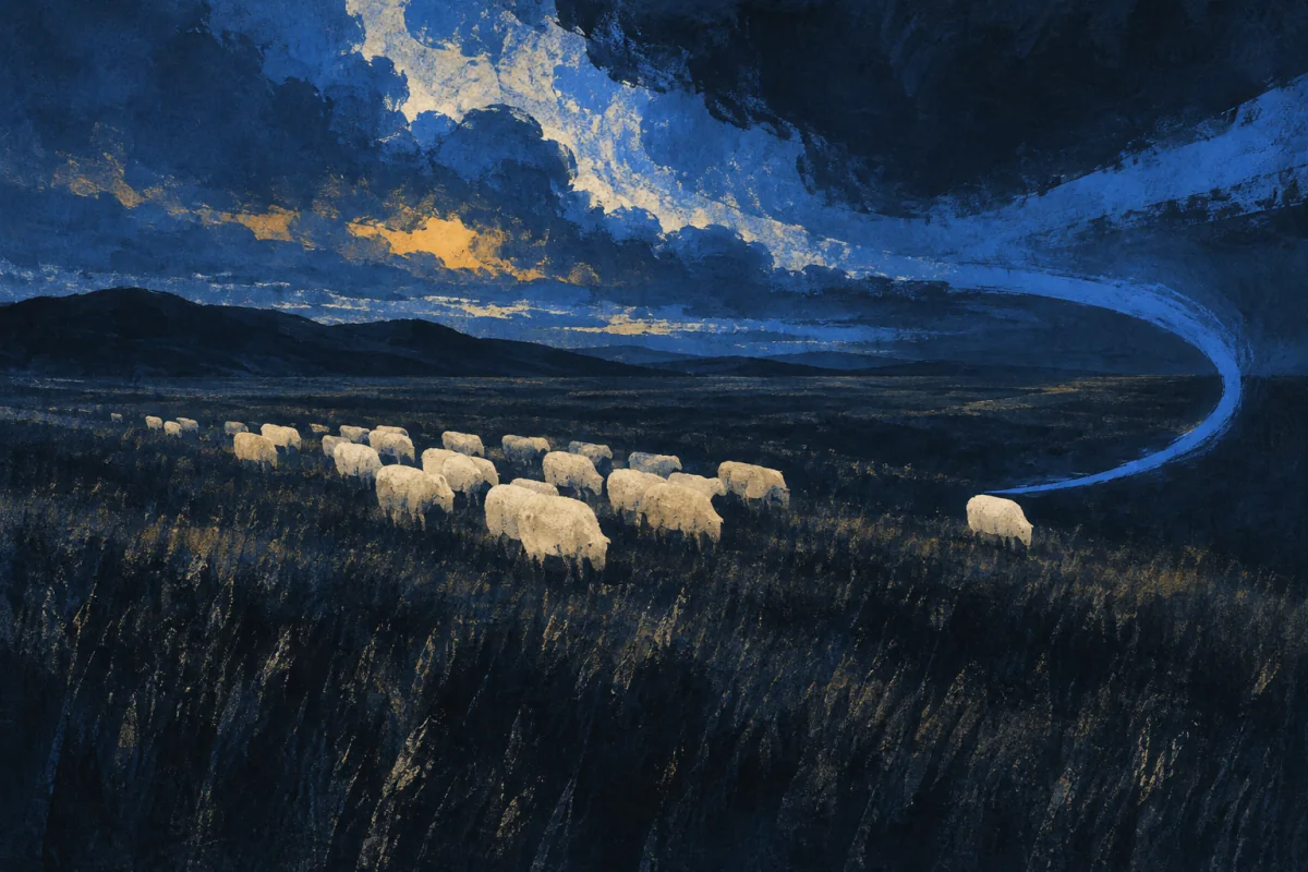 A broad moving cluster of low ivory forms crosses grass-like midnight texture beneath changing cobalt weather bands. One smaller form drifts from the herd and a curved cobalt boundary quietly brings it back; no cattle, animal, person, rope, brand, ranch stereotype, or text.