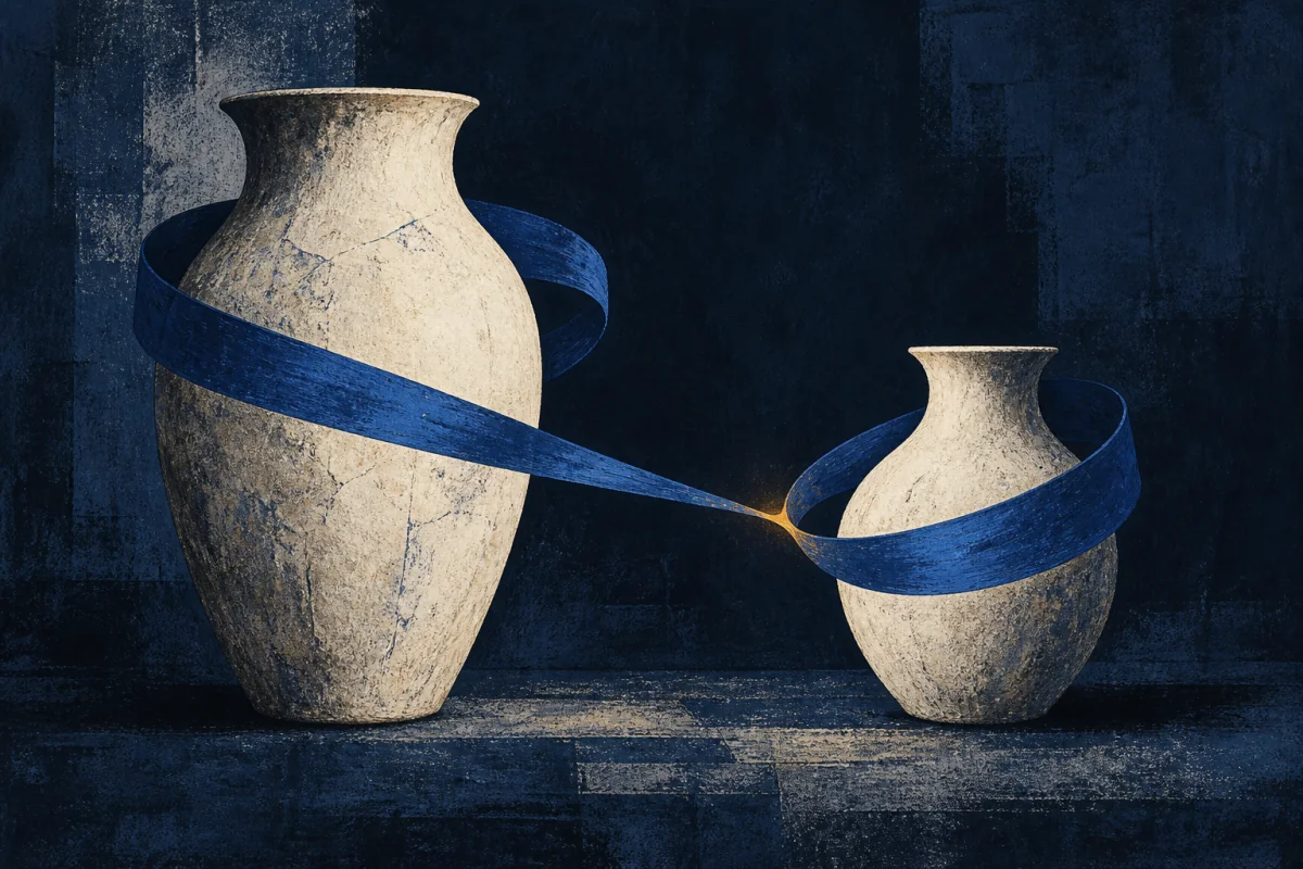 Two unequal ivory vessels face each other across a narrow gap. A cobalt ribbon circles, pauses, and draws them toward one stable meeting point, while one small amber edge marks the moment the exchange tips; no people, mouths, coins, scales, market, or text.