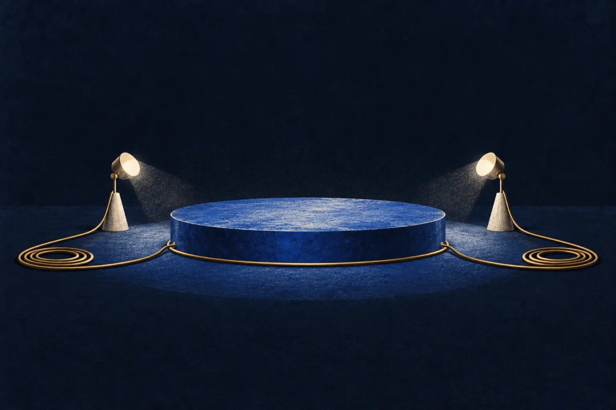 Two ivory spotlights illuminate an empty cobalt stage, their gold cables coiled at either side.