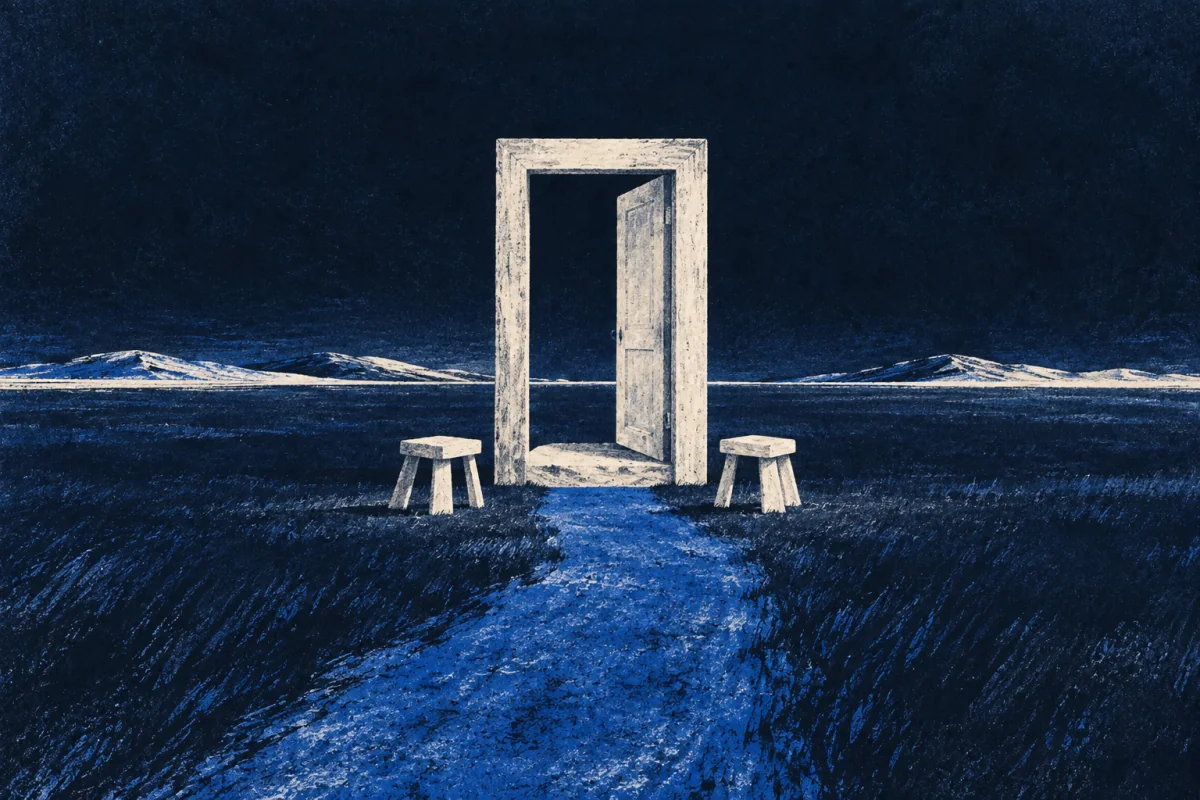A pale open doorway stands alone on dark ground. A blue path leads to its worn threshold, with a stool on either side.