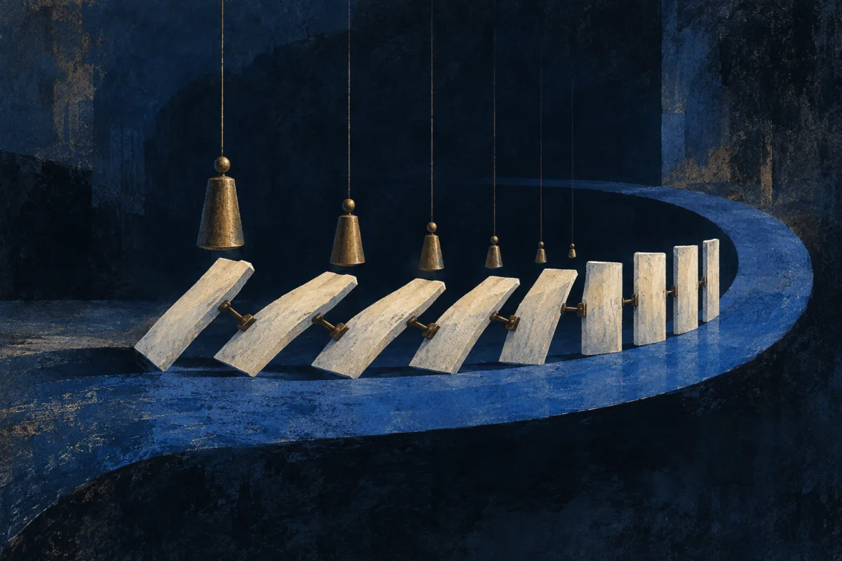 A sequence of small ivory hinged forms follows a broad cobalt curve. Each successive form settles into calmer alignment under the lightest touch of suspended counterweights, showing patient change through repetition; no animal, cage, whip, or person.