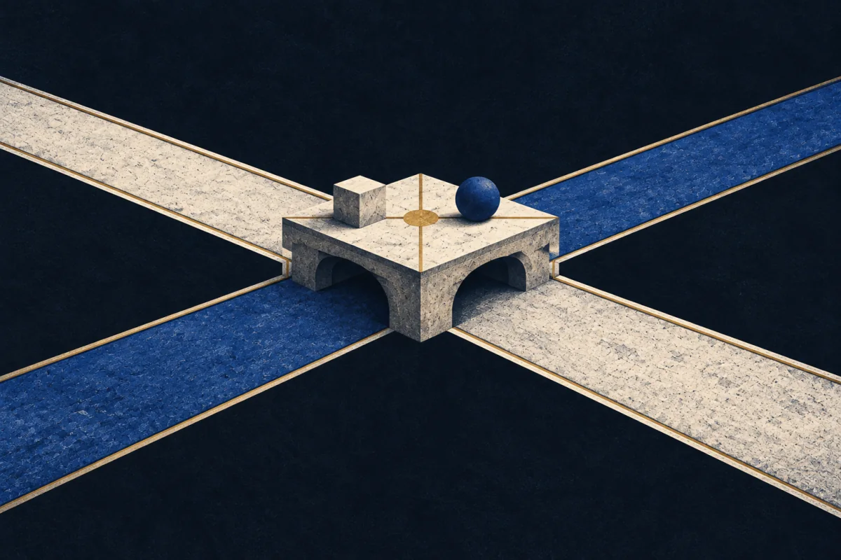 Four ivory and cobalt roads meet at a raised platform holding an ivory cube and a cobalt sphere.