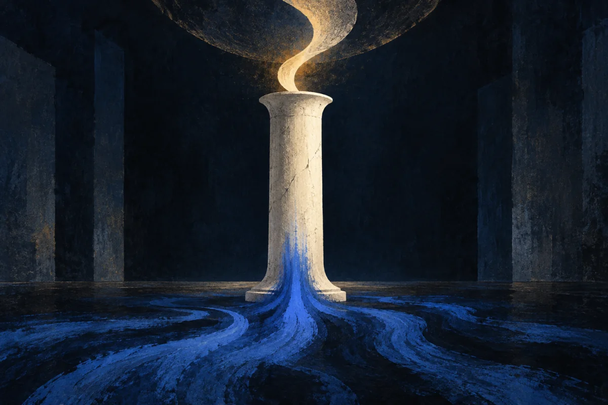 A grounded ivory resonant column gathers breath-like cobalt pressure from the floor and releases one weighted cadence across a dark room, with meaning carried by pulse and pause alone; no person, mouth, body, letters, speech bubble, microphone, or notation.
